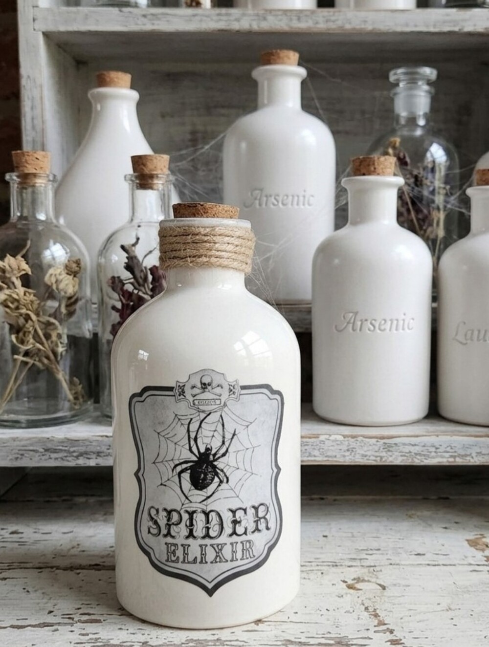 New Spider Elixir Halloween decor white glass potion bottle